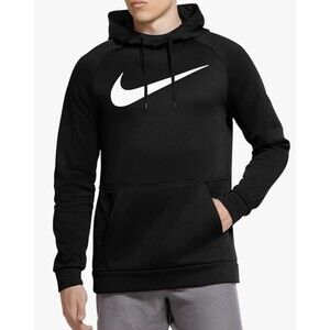 Nike Dri-FIT Mens XL Black Pullover Hoodie White Swoosh Logo Athletic Sweatshirt